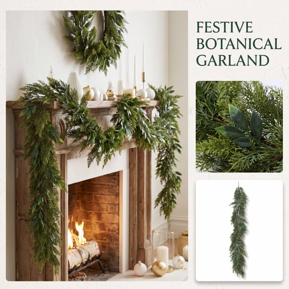 Library Ladder Railing MInHoues 70.86 Inch Christmas Cedar Garland with Mixed Green Leaves ...