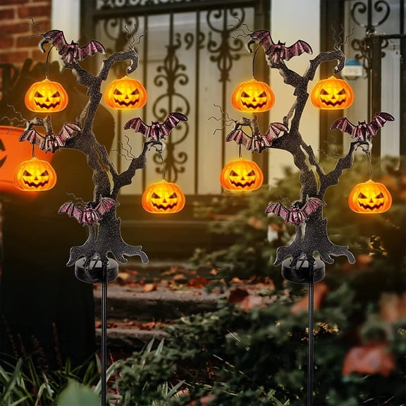 MInHoues 72.9 Inch Solar Dead Tree Pumpkin Bat Stake Light, Waterproof LED Halloween Tree Pathway Lamp for Outdoor Yard Lawn Garden Holiday Decor