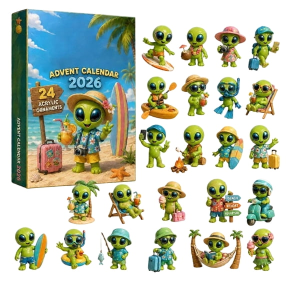 MInHoues Alien Vacation Christmas Advent Calendar 2026, 24 Days of Christmas Countdown Calendar with 24Pcs 2D Acrylic Alien Hanging Ornaments, Xmas Holiday Surprise Gift for Kids Adults