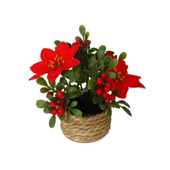 MInHoues Artificial Poinsettia Potted Plant with Woven Basket, Faux Red Christmas Floral Arrangement Tabletop Decor, Rustic Holiday Flower Pot for Home Desk Fireplace Mantel Party