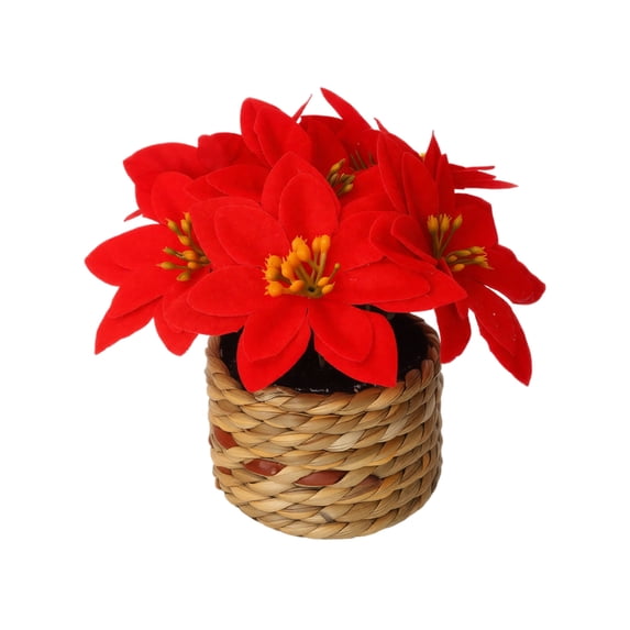 MInHoues Artificial Poinsettia Potted Plant with Woven Basket, Faux Red Christmas Floral Arrangement Tabletop Decor, Rustic Holiday Flower Pot for Home Desk Fireplace Mantel Party
