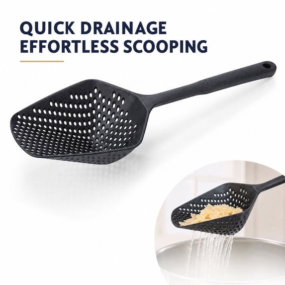 MInHoues Black Non Stick Slotted Spoon Strainer, Heat Resistant Plastic Food Scoop Colander with Long Handle, Kitchen Skimmer Utensil for Boiling Draining Frying and Serving, 13.58"