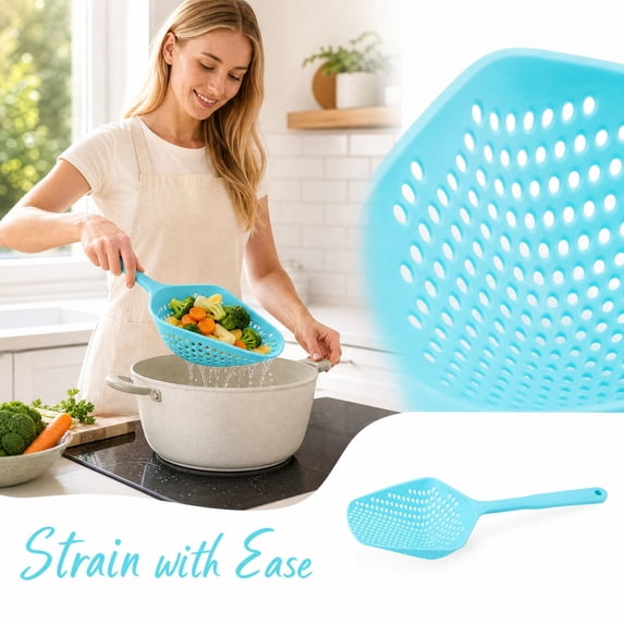 MInHoues Blue Non Stick Slotted Spoon Strainer, Heat Resistant Plastic Food Scoop Colander with Long Handle, Kitchen Skimmer Utensil for Boiling Draining Frying and Serving, 13.58"