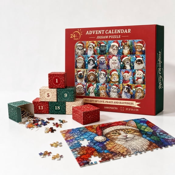 MInHoues Cat Christmas Jigsaw Puzzle Advent Calendar 2026, 24Day Countdown Calendar with 1000Piece Santa Cat Holiday Puzzles, Christmas Family Game Gift for Cat Lovers & Adults