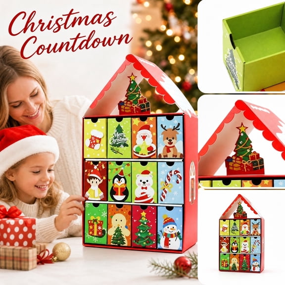 MInHoues Christmas Advent Calendar Empty Cardboard Box, Holiday Countdown Decoration Gift Box with 12 Small Drawers, Reusable DIY Festive Table Centerpiece for Home Mantel Room Decor