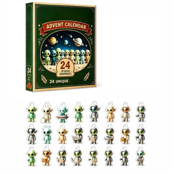 MInHoues Christmas Alien Advent Calendar 2026, 24 Days Christmas Countdown Calendar with 24Pcs 2D Acrylic Alien Hanging Ornaments, Holiday Surprise Gifts for Kids Adults