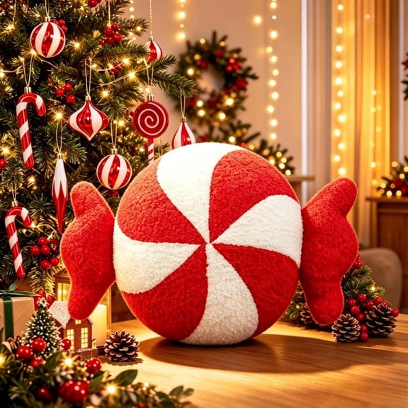 MInHoues Christmas Candy Plush Pillow, 13.8" Red White Peppermint Swirl Stuffed Cushion with Candy Wrapper Ends, Soft Festive Throw Pillow for Xmas Home Sofa Bed Holiday Decoration Gift