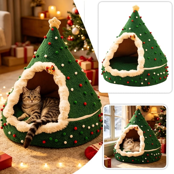 MInHoues Christmas Cat Bed Tent House, Cozy Winter Warm Enclosed Pet Cave, Plush Thermal Indoor Cat House for Sleeping Napping and Holiday Decor, 15.75×15.75"