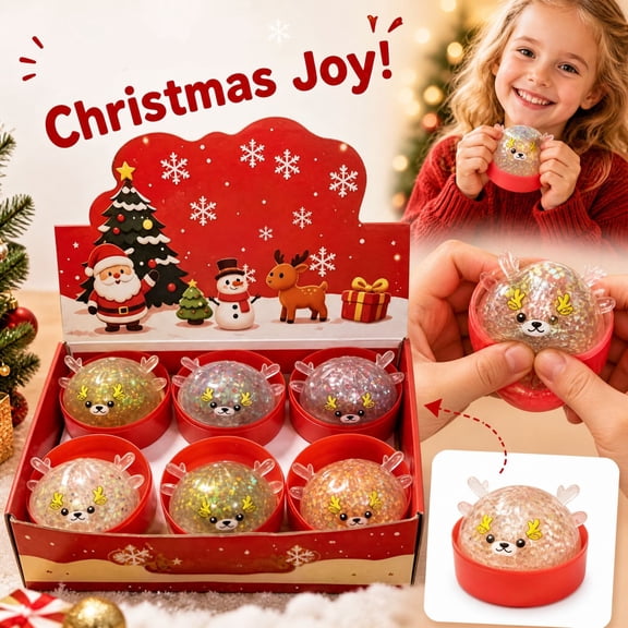 MInHoues Christmas Glitter Reindeer Bun Squishy Toy, Cute Holiday Sensory Squeeze Ball with Red Display Base for Stocking Stuffers, Random 1 Count