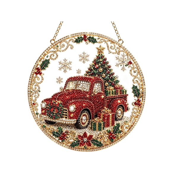 MInHoues Christmas Hanging Ornament, DIY Pearl Painting Kit Holiday Wall Decoration, Rhinestone Art Craft with Vintage Red Truck Tree, Festive Home Display