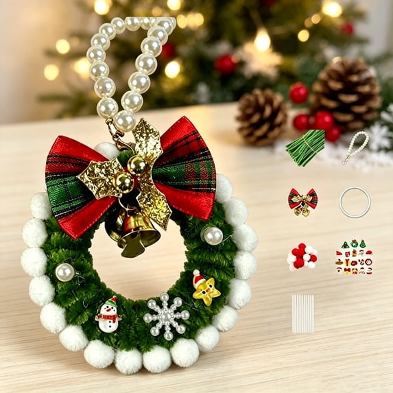 MInHoues Christmas Mini Wreath Pendant DIY Kit, Pipe Cleaner Wreath Ornament Hand‑Craft Set, Xmas Tree Decoration Supplies for Holiday Hanging Decor, Style C