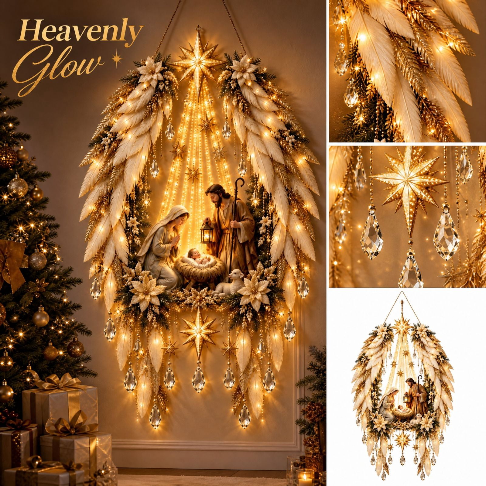 MInHoues Christmas Nativity Wall Decor, Lighted Holy Family Angel Wings