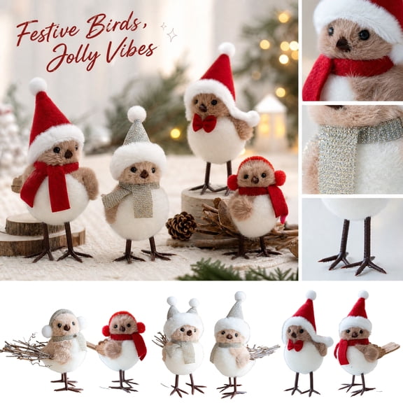 MInHoues Christmas Plush Bird Figurines, 5.9" Festive Birds Jolly Vibes Holiday Decor, Fluffy Robin Bird Ornaments with Santa Hat Scarf, Metal Legs Standing Tabletop Decor for Christmas Home Party