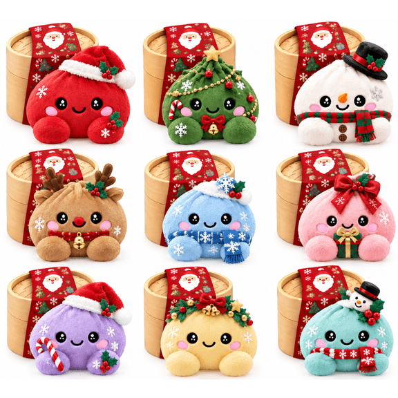 MInHoues Christmas Plush Dumpling Squishy Toy with Bamboo Steamer, 1 Pack Random Style Cute Bao Stuffed Animal with Santa Snowman Reindeer Tree Designs, Soft Kawaii Food Plushie for Kids Adults