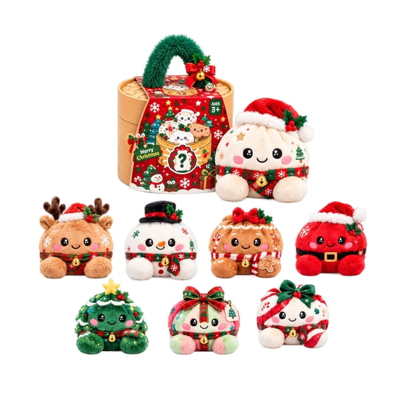 MInHoues Christmas Plush Dumpling Squishy Toy with Bamboo Steamer, 1 Pack Random Style Cute Bao Stuffed Animal with Santa Snowman Reindeer Tree Designs, Soft Kawaii Food Plushie for Kids Adults