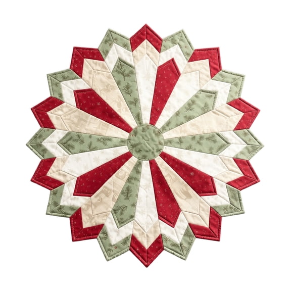 MInHoues Christmas Quilted Table Topper, 20" Round Star Patchwork Table Runner with Snowflake Pattern, Red Green White Holiday Table Decor for Dining Room Kitchen Party Decoration