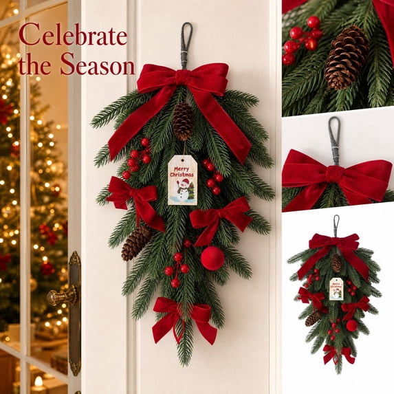 MInHoues Christmas Teardrop Door Swag Wreath, Artificial Pine Hanging Swag, Unlit Wall Hanging Ornament for Front Door Window Porch Xmas Holiday Home Decoration