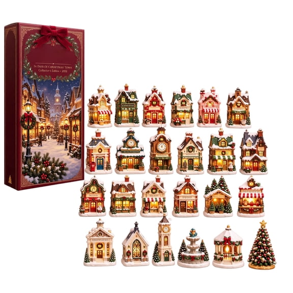 MInHoues Christmas Town Village Advent Calendar 2026, 24Pcs Christmas Countdown with Miniature Light-Up Village Buildings, Shops Churches Clock Tower Gazebo, Gift for Collectors