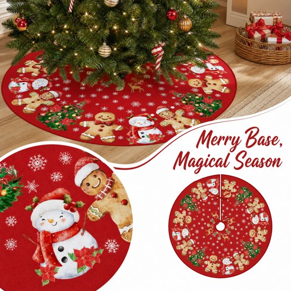 MInHoues Christmas Tree Skirt 35.4", Red Gingerbread Snowman Pattern Holiday Tree Base Cover, Short Furry Winter Festive Floor Mat For Indoor Seasonal Home Room Decorations