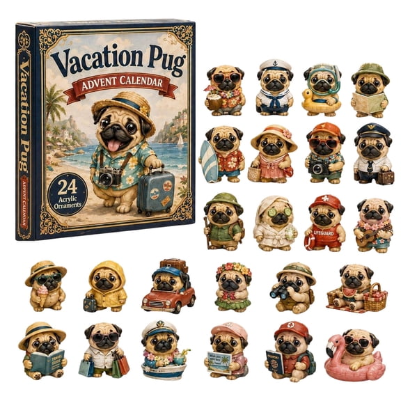MInHoues Christmas Vacation Pug Advent Calendar 2026, 24 Days of Christmas Countdown Calendar with 24PCS Vacation Pug 2D Acrylic Hanging Ornaments, Xmas Travel Gift for Pug Lovers Kids Adults