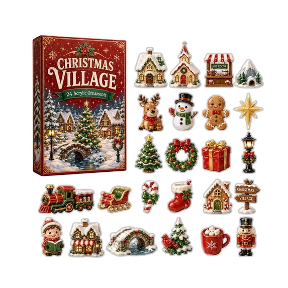 MInHoues Christmas Village Advent Calendar 2026, 24‑Day Countdown Calendar with 24 Pcs 2D Acrylic Hanging Ornaments, Mini Holiday Village House Tree Snowman Pendants, Christmas Surprise Gift for Kids