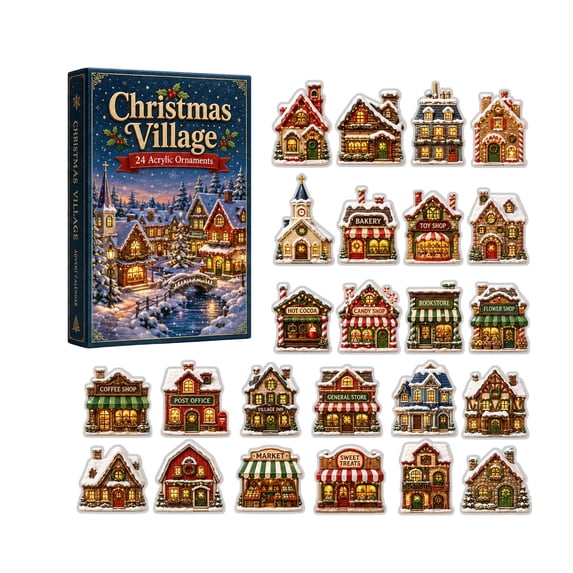MInHoues Christmas Village Houses Advent Calendar 2026, 24‑Day Countdown Calendar with 24 Pcs 2D Acrylic Mini Village House Hanging Ornaments, Christmas Surprise Gifts