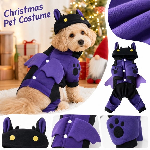 MInHoues Cute Bat Dog Costume Hooded Pet Jumpsuit, Warm Fleece Puppy Cosplay Clothes for Christmas Party, Small Medium Dogs Christmas Halloween Dress Up Apparel