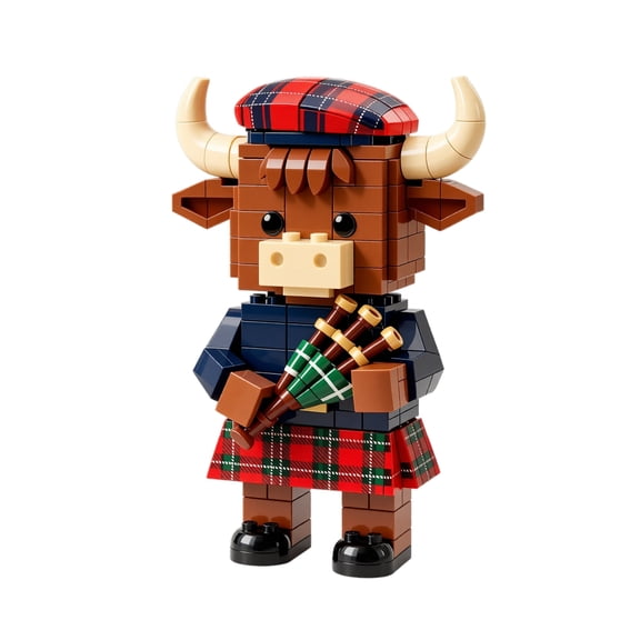 MInHoues Cute Calf Building Block Toy, 5.9" Scottish Bagpiper Animal Brick Figurine, 3D Printed Tartan Kilt Cow Model, Desk Tiered Tray Decor Gift for Kids Adults