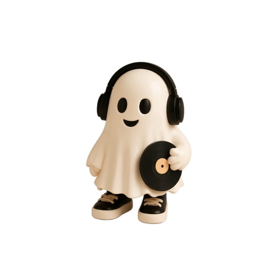 MInHoues Cute Halloween Ghost Decor Figurine, 3.94x2.76" Spooky Desktop Ghost Statue with Headphones, Playful Desk Accessories for Home Office Shelf Display