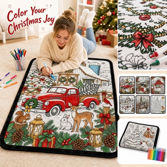 MInHoues DIY Christmas Coloring Blanket Set with 24 Markers, 60" x 40" Color Your Own Santa Snowman Gingerbread Holiday Throw Blanket, Washable Fabric Coloring Kit for Christmas Party Gift