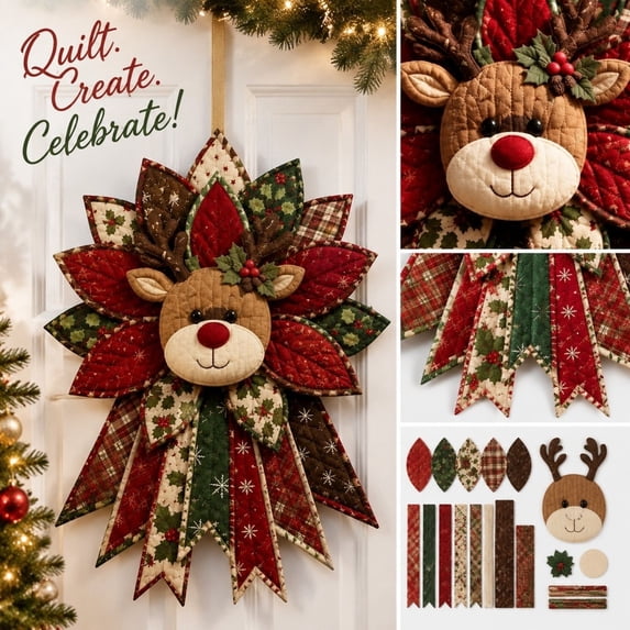 MInHoues DIY Patchwork Flower Wreath Kit, Christmas Reindeer Rustic Hanging Wreath for Front Door Wall Decor, Embroidered Fabric Winter Holiday Home Porch Display Craft Set