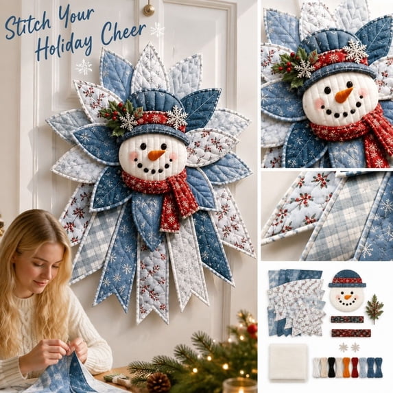 MInHoues DIY Patchwork Flower Wreath Kit, Christmas Snowman Rustic Hanging Wreath for Front Door Wall Decor, Embroidered Fabric Winter Home Porch Display Craft Set, 7.87 In