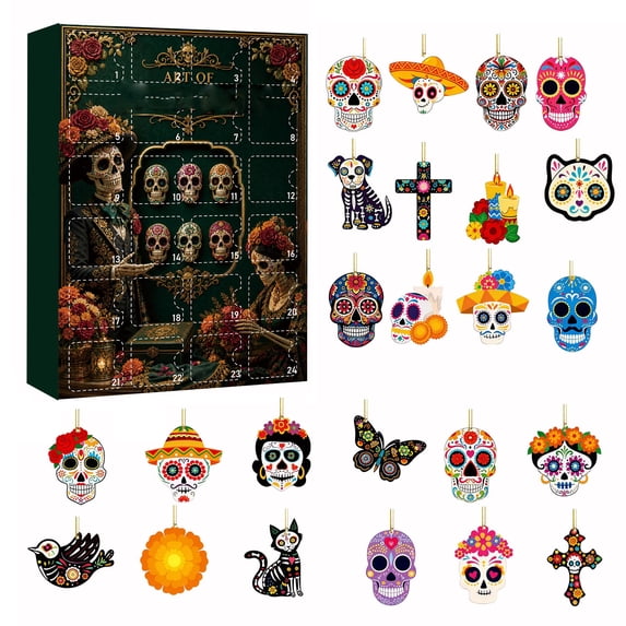 MInHoues Day of the Dead Advent Calendar 2026, 24 Days of Countdown Calendar with 24 PCS Day of the Dead 2D Acrylic Hanging Ornaments, Xmas Day of the Dead Gift for Kids