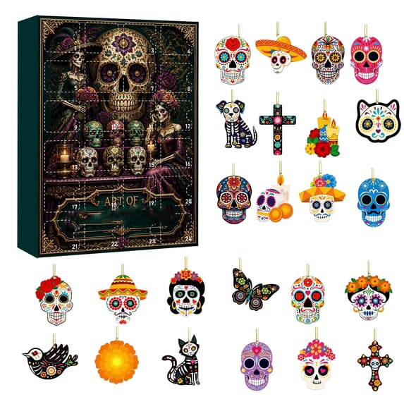 MInHoues Day of the Dead Advent Calendar 2026, 24 Days of Countdown Calendar with 24 PCS Day of the Dead 2D Acrylic Hanging Ornaments, Xmas Day of the Dead Gift for Kids