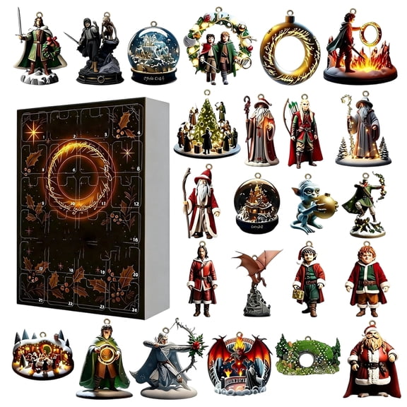 MInHoues Fantasy Adventure Advent Calendar 2026, 24Pcs 2D Acrylic Epic Quest Hanging Ornaments, Wizard Elf Archer Ranger Hobbit Dragon Magic Ring Volcano, Christmas Countdown Gift for Fantasy Fans