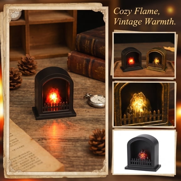 MInHoues Fireplace Flame Light, Vintage Tabletop Decor, LED Simulated Cozy Lantern, Battery Operated Flameless Indoor Desk Lamp for Living Room, Holiday Home Display Accessory