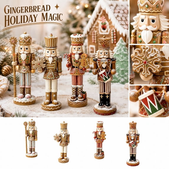 MInHoues Gingerbread Nutcracker Figurines Set of 4, Christmas Wooden Nutcracker Soldier Ornaments with Cookie Icing Design, Holiday Decor for Tabletop Mantel Shelf, Xmas Decoration Gift