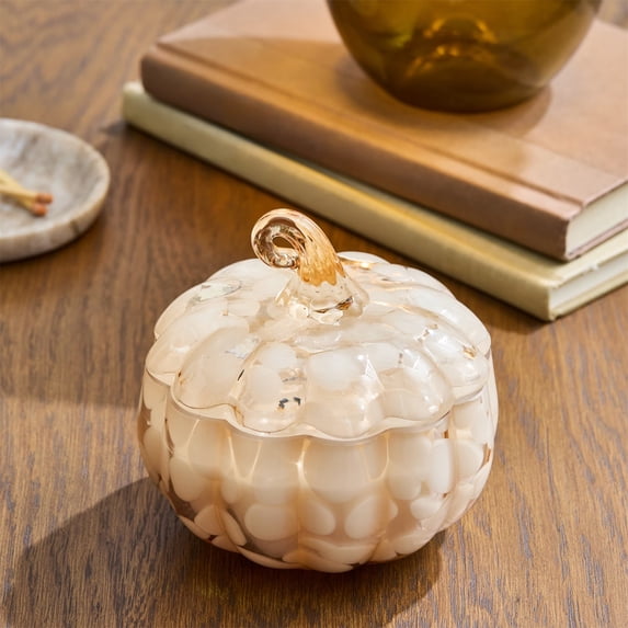 MInHoues Halloween Hand‑Blown Pumpkin Jar Candle, 18oz Pumpkin Cinnamon Roll Scent Glass Pumpkin Container Candle, Long Lasting Soy Wax Candle for Fall Home Table Decor Thanksgiving Gift