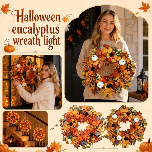 MInHoues Halloween Artificial Maple Leaf Fall Wreath with Eucalyptus, Battery Operated Lighted Autumn Floral Wreath for Halloween Thanksgiving Front Door Wall Home Decor