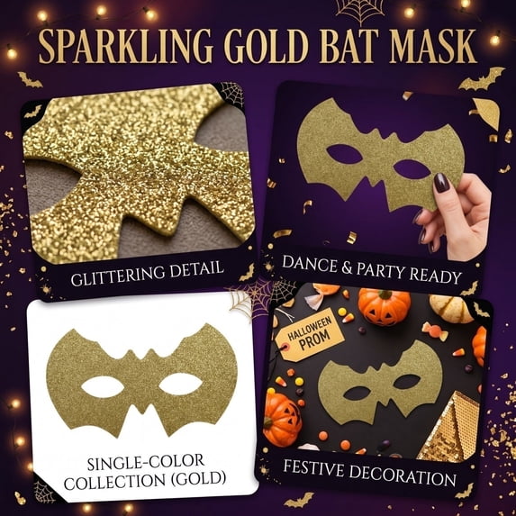 MInHoues Halloween Bat Mask, Glitter Non-Woven Masquerade Half Face Mask, Party Dress Up Costume Eye Mask for Cosplay, Festive Holiday Accessories, Gold
