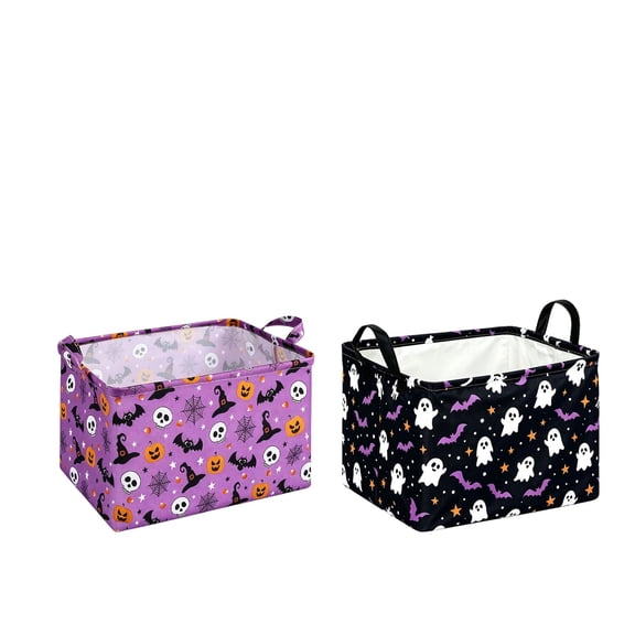 MInHoues Halloween Fabric Storage Basket, Spooky Boo Themed Collapsible Storage Bin with Handles, Halloween Holiday Candy Basket for Home Party Decor and Holiday Supplies(Purple)