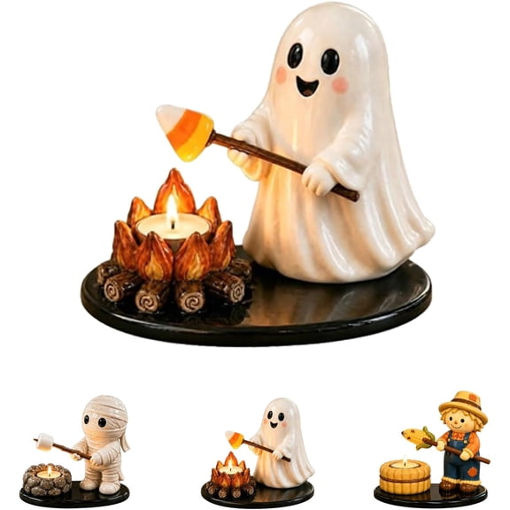 MInHoues Halloween Ghost Roasting Candy Corn Campfire Tealight Holder, Glossy Ceramic Halloween Tabletop Figurine, Mini Log Fire Candle Holder for Mantel Fall Thanksgiving Home Decor Gift