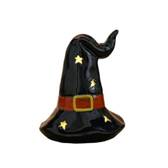 MInHoues Black Witch Hat Ceramic Light Up Figurine with Golden Star Cutouts, Glowing Witch Hat Tabletop Ornament, Cute Spooky Halloween Farmhouse Mantel Home Decor Gift