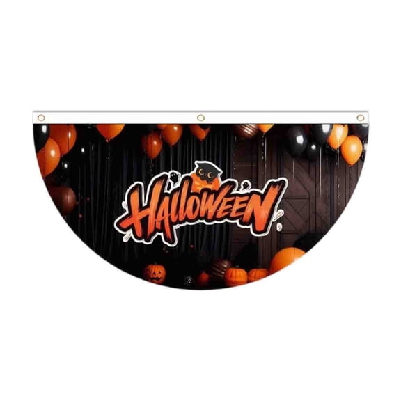 MInHoues Halloween Half Round Fan Flag with Orange Black Balloon Pumpkin Letter Print, Waterproof Semicircular Hanging Banner for Garden Porch Fence Holiday Party Decor，35.4x17.7 Inch