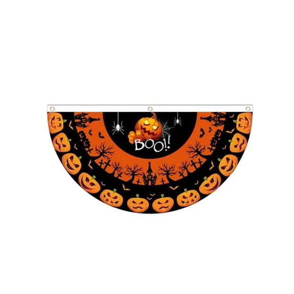 MInHoues Halloween Half Round Fan Flag with Pumpkin Haunted House Spider Bat Print, Waterproof Semicircular Hanging Banner for Outdoor Garden Fence Party Decor, 35.4x17.7 Inch