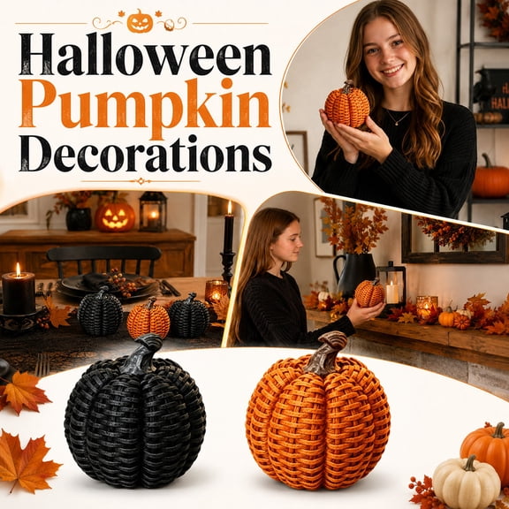 MInHoues Halloween Imitation Rattan Woven Pumpkin Ornament, Vintage Distressed Resin Craft for Halloween Pumpkin Decor, Thanksgiving Table Centerpiece, Rustic Fall Home Decor, Black