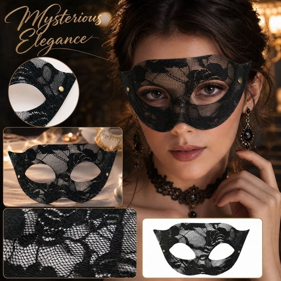 MInHoues Halloween Lace Masquerade Mask, Flat Top Venetian Transparent Half Face Eye Mask, Cosplay and Costumes Accessories for Women, Halloween Prom Decor, Black