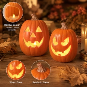 MInHoues Halloween Light Up Jack-O-Lantern,11.8 Inch Pumpkin Resin Figurine for Tabletop Center Decor,Smiling Face Plastic Pumpkin Lamp, Large Orange Halloween Indoor Outdoor Yard Decor-C