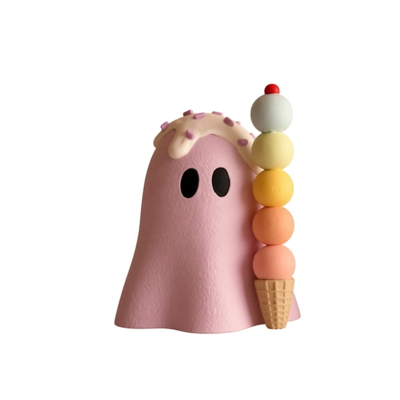 MInHoues Halloween Pink Ghost Figurine, Cute Spooky Ghost with Ice Cream Statue for Tabletop Dessert Decor, Perfect for Home office Party Halloween Decoration