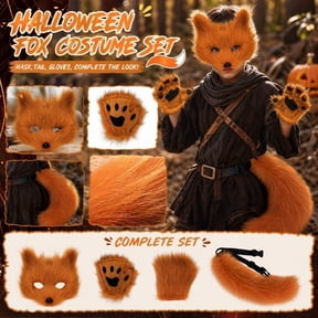 MInHoues Halloween Plush Fox Tail and Mask Set, Furry Animal Paw Gloves for Cosplay, Complete Halloween Costumes Accessories for Adults, Dress Up Party Props, Coffee